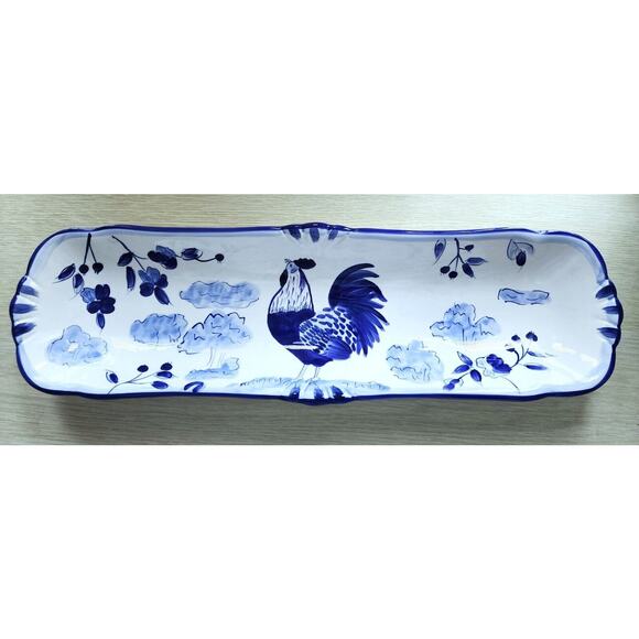 BREAD/SERVING DISH-CERTIFIED INTERNATIONAL-Blue White-Rooster-17" Long-5" Wide - Picture 1 of 10